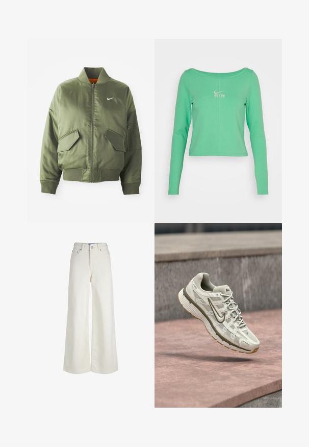Olivengrøn bomberjakke med ribbet krave og manchetter, lynlås-lukning, to frontlommer og en sidelomme med lynlås. Har Nike-logo i hvid.; Langærmet, cropped mintgrøn skjorte lavet af glat bomuld, med rund halsudskæring og et hvidt Nike Air-logo på brystet.; Høj talje, vidde ben, hvide denimjeans med forreste knap- og lynlås-lukning, bæltestropper og lommedetaljer.; Nike løbesko i lys beige med en mesh-overdel, grå accenter og en tekstureret gummi-ydersål. Har en polstret krave og snørelukning.