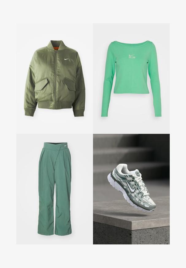Olive rohelise värvi bomber-jakk ribidega krae ja varrukate, tõmbluku sulgemise, kahe ees oleva tasku ja ühe küljetaskuga. Omab valget Nike logo.; Pikkade varrukatega, lühikese lõikega piparmündiroheline särk, mis on valmistatud siledast puuvillast, ümmarguse kaelusega ja valge Nike Air logo rinnal.; Nike Sportswear TROUSER - Püksid - vintage green/light army; Valge ja hall Nike jooksujalats pehmendusega tallaga, hõljuv betoonserva kohal, taustal udusev hall pilt.