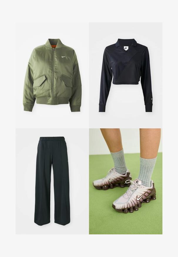 Olivengrøn bomberjakke med ribbet krave og manchetter, lynlås-lukning, to frontlommer og en sidelomme med lynlås. Har Nike-logo i hvid.; Sort langærmet cropped polo-skjorte med V-hals, der har et diagonalt sømdesign, glat tekstur og et Nike-logo på ærmet.; Sorte, brede atletiske bukser med elastisk talje. Lavet af glat, strækbart stof, med diskrete frontsyninger og ingen lommer.; Nike sneakers i lys pink og brun, med en tekstureret overdel, lagdelt design og en polstret sål med synlige luftenheder.