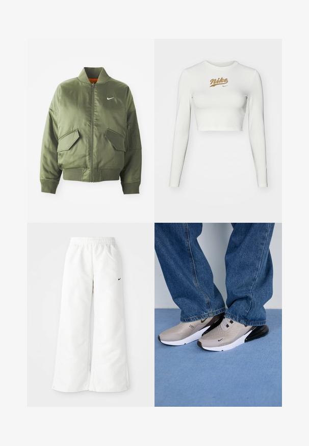 Olivovo zelená bomber bunda s vypčím golierom a manžetami, zipsovým zapínaním, dvoma prednými vreckami a bočným vreckom na zips. Obsahuje logo Nike v bielej farbe.; Biele dlhé rukávy cropped tričko vyrobené z hladkej tkaniny, s potlačou zlatého loga Nike na hrudi a klasickým okrúhlym výstrihom.; Biele športové nohavice so širokým strihom, elastickým pásom a malým čiernym logom Nike na ľavej strane. Hladký, ľahký materiál.; Sivé tenisky s priedušným vrchom, čiernymi akcentmi a bielou podrážkou. Nosené s voľnými modrými džínsami, čiastočne zakrývajúcimi okraje topánok.