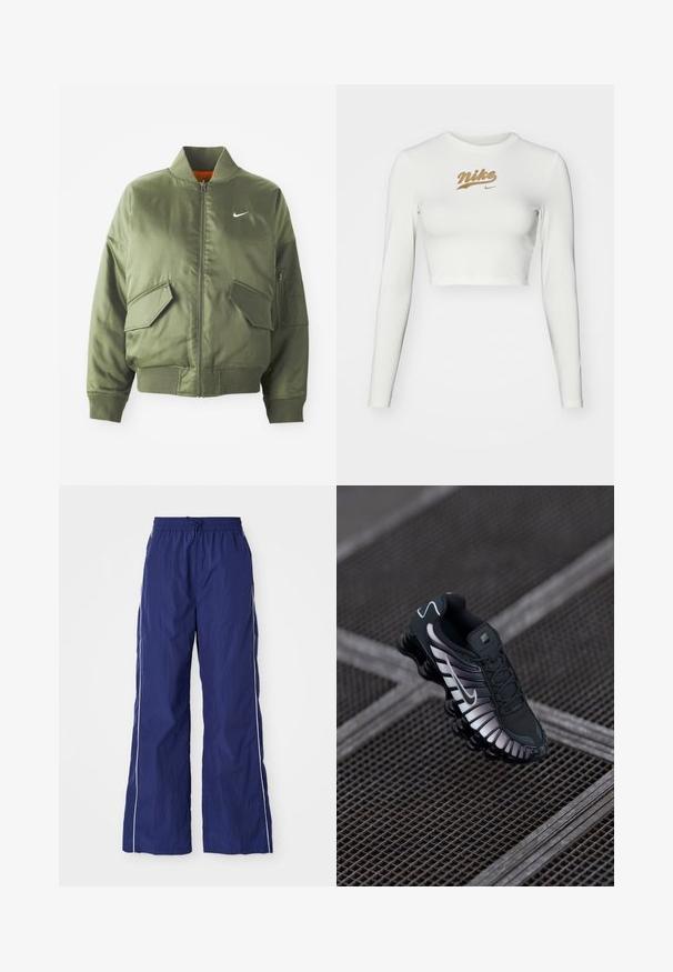 Olivovo zelená bomber bunda s vypčím golierom a manžetami, zipsovým zapínaním, dvoma prednými vreckami a bočným vreckom na zips. Obsahuje logo Nike v bielej farbe.; Biele dlhé rukávy cropped tričko vyrobené z hladkej tkaniny, s potlačou zlatého loga Nike na hrudi a klasickým okrúhlym výstrihom.; Námornícky modré, ľahké nohavice s širokými nohavicami, elastickým pásom a šnúrkou, so bielymi bočnými pruhmi a zvrásnenou textúrou.; Čierna atletická obuv s textúrovaným sieťovaným vrchným materiálom, striebornými akcentmi, podporou klenby a polstrovanou podrážkou s výrazným segmentovaným dizajnom.