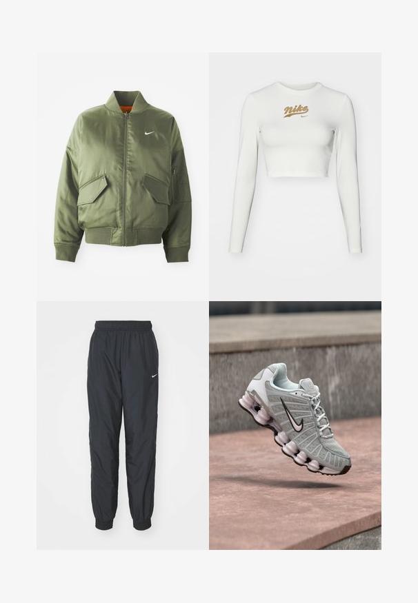 Olivovo zelená bomber bunda s vypčím golierom a manžetami, zipsovým zapínaním, dvoma prednými vreckami a bočným vreckom na zips. Obsahuje logo Nike v bielej farbe.; Biele dlhé rukávy cropped tričko vyrobené z hladkej tkaniny, s potlačou zlatého loga Nike na hrudi a klasickým okrúhlym výstrihom.; Čierne tréningové nohavice Nike vyrobené z ľahkej tkaniny, so elastickým pásom a manžetami, s malým bielym logom na ľavej nohe.; Svetlosivá teniska Nike s čiernym logom Swoosh, bielymi šnúrkami a charakteristickou pružnou podrážkou, zobrazená vznášajúca sa nad kamenným povrchom.