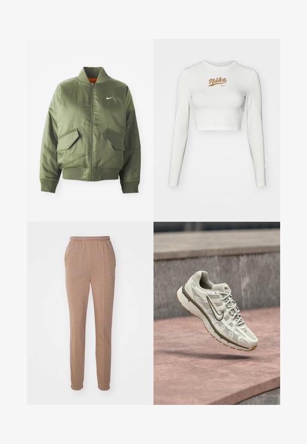 Olivovo zelená bomber bunda s vypčím golierom a manžetami, zipsovým zapínaním, dvoma prednými vreckami a bočným vreckom na zips. Obsahuje logo Nike v bielej farbe.; Biele dlhé rukávy cropped tričko vyrobené z hladkej tkaniny, s potlačou zlatého loga Nike na hrudi a klasickým okrúhlym výstrihom.; Hnedé športové nohavice s elastickým pásom, bočnými vreckami, zúženými nohavicami a nenápadným logom Nike. Vyrobené z mäkkého, textúrovaného materiálu.; Behový topánka značky Nike v svetlo béžovej farbe s hornou časťou z priedušnej sieťoviny, sivými detailmi a textúrovanou gumovou podrážkou. Má polstrovaný golier a šnurovanie.