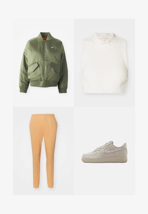 Olive rohelise värvi bomber-jakk ribidega krae ja varrukate, tõmbluku sulgemise, kahe ees oleva tasku ja ühe küljetaskuga. Omab valget Nike logo.; Valge ribaga ilma varrukateta lühike topp kõrge kaelusega ja peene nööpdetailiga kaela juures, valmistatud siledast ja venivast kangast.; Kergelt kotkast valmistatud oranžid jooksupüksid, millel on elastne vöökoht, kitsenevad jalad ja peene valge logo vasakul reitel.; Madala säärega beežist nahast tennised, millel on Nike Swooshi kohal tihvtid, perforatsioon sõrmeosas ja paks kummist tald, millel on küljes märgistus „AIR“.