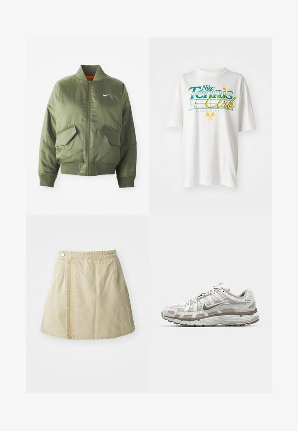Olivengrøn bomberjakke med ribbet krave og manchetter, lynlås-lukning, to frontlommer og en sidelomme med lynlås. Har Nike-logo i hvid.; Hvid bomulds T-shirt med et grønt og gult grafisk print, "Nike Tennis Club," med tennismotiver og etableringsår 1972.; Khaki mini nederdel lavet af blødt stof, med lukning på siden, glat tekstur og en let udvidet silhuet med nederkanten over knæet.; Hvid atletisk sko med mesh-overdel, lysebrune detaljer og en polstret sål. Har snørrelukning og tekst på siden.