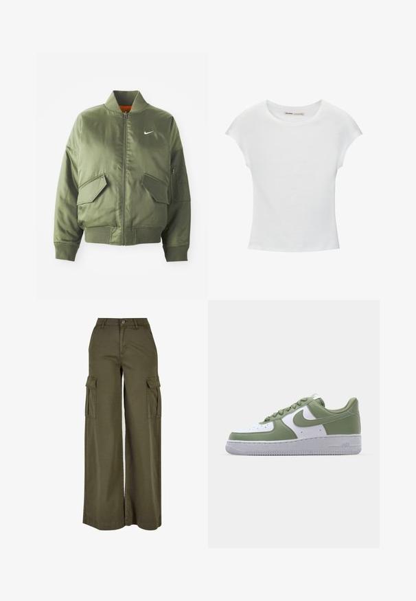 Olivovo zelená bomber bunda s vypčím golierom a manžetami, zipsovým zapínaním, dvoma prednými vreckami a bočným vreckom na zips. Obsahuje logo Nike v bielej farbe.; Biele bavlnené tričko s krátkymi, stočenými rukávmi, okrúhlym výstrihom a rovnou lemovkou. Hladká textúra bez viditeľných vzorov alebo akcentov.; Olívovo zelené široké nohavice typu cargo s dvoma bočnými vreckami, vyrobené z mäkkej a odolnej látky. Majú precízne šitie a zapínanie na gombík.; Nike Air Force 1 tenisky v zeleno-bielej koži. Nízkoprofilový dizajn, okrúhla špička, textúrovaná gumová podrážka a výrazný detail loga Swoosh.