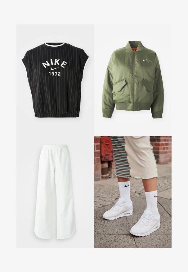 Olivovo zelená bomber bunda s vypčím golierom a manžetami, zipsovým zapínaním, dvoma prednými vreckami a bočným vreckom na zips. Obsahuje logo Nike v bielej farbe.; Čierny krátky rukávový cropped sveter s vertikálnymi pruhmi, bielym lemovaním a vyšívaným logom "NIKE 1972" na prednej strane. Detail s elastickým lemom.; Biele široké športové nohavice s ribbovaným pásom a jemným logom. Hladká tkanina s uvoľneným strihom a zúženým lemom.; Biele tenisky Nike Air Max 90 s vrchnou časťou z kombinácie sieťovaného a koženého materiálu, s viditeľnou vzduchovou jednotkou, v kombinácii s bielymi rebrovanými ponožkami s čiernym logom.
