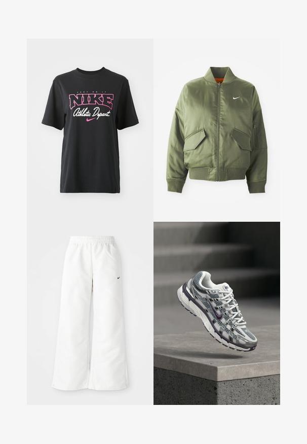 Olivovo zelená bomber bunda s vypčím golierom a manžetami, zipsovým zapínaním, dvoma prednými vreckami a bočným vreckom na zips. Obsahuje logo Nike v bielej farbe.; Čierne bavlnené tričko s grafickým potlačou v ružovej a bielej farbe s textom "JUST DO IT", "NIKE" a "Athletic Depart". Štandardný strih.; Biele športové nohavice so širokým strihom, elastickým pásom a malým čiernym logom Nike na ľavej strane. Hladký, ľahký materiál.; Biely a sivý Nike teniska s fialovými akcentmi, vznášajúci sa nad betónovou rímsou s rozmazanými schodmi v pozadí.