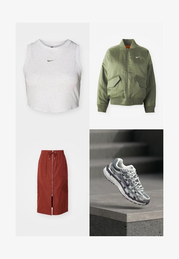 Olivovo zelená bomber bunda s vypčím golierom a manžetami, zipsovým zapínaním, dvoma prednými vreckami a bočným vreckom na zips. Obsahuje logo Nike v bielej farbe.; Biely crop top vyrobený z jemnej, textúrovanej látky. Má okrúhly výstrih a bezrukávový dizajn so malým zlatým logom Nike na prednej strane.; Sukňa strednej dĺžky v terakotovo červenej farbe, s predným zipsom, elastickým pásom so šnúrkou a bočnými vreckami s geometrickým dizajnom.; Biely a sivý Nike teniska s fialovými akcentmi, vznášajúci sa nad betónovou rímsou s rozmazanými schodmi v pozadí.