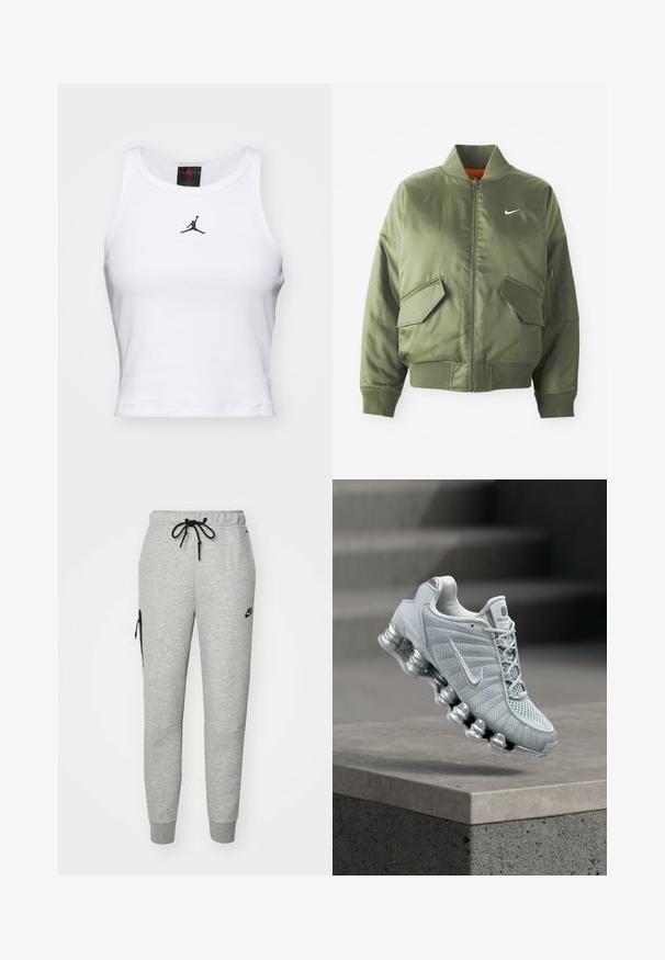 Chaqueta bomber verde oliva con cuello y puños acanalados, cierre de cremallera, dos bolsillos frontales y un bolsillo lateral con cremallera. Presenta el logo de Nike en blanco.; Top corto blanco de algodón con textura acanalada. Cuenta con un logo negro de Jordan en el centro y un clásico escote redondo.; Pantalones de chándal grises de tejido suave con cintura ajustable por cordón, piernas ajustadas y un bolsillo con cremallera en el lado izquierdo. Presenta un logo negro.; Zapatilla de running Nike de color gris claro con suela acolchada tipo muelle flotando sobre un borde de hormigón, fondo con escaleras desenfocadas.
