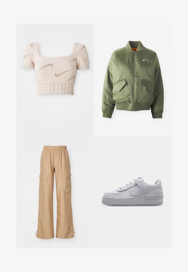 Olijfgroen bomberjack met geribde kraag en manchetten, rits sluiting, twee voorzakken en een zijritszak. Voorzien van het Nike-logo in het wit.; Korte mouwen, cropped top in zachte, gestructureerde stof. Lichtroze kleur met bruine, golfachtige patronen. Vierkante halslijn en ribbelzoom.; Nike Sportswear TREND - Cargobroek - hemp; Grijze Nike Air Force 1 sneaker met geperforeerde neus, glad leren bovenwerk, dikke zool en verhoogde 'AIR' details op de hiel.