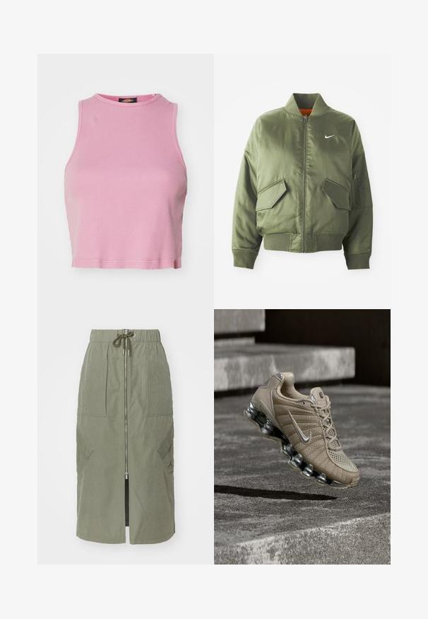 Olivenfarbene Bomberjacke mit geripptem Kragen und Bündchen, Reißverschluss, zwei Fronttaschen und einer seitlichen Reißverschlusstasche. Mit Nike-Logo in Weiß.; Rosa gerippter Cropped-Top mit rundem Halsausschnitt und ärmellosem Design. Besitzt einen Saum, der knapp über der Taille endet.; Olivengrüner Midirock aus leichtem Stoff, mit einem Reißverschluss vorne, elastischem Taillenbund und großen Seitentaschen mit schrägen Klappen.; Beigefarbener Nike Laufschuh mit silbernen Akzenten und federnder Sohle schwebt über Betontreppen bei gedämpftem Licht.