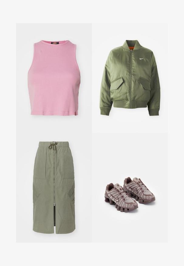 Olivovo zelená bomber bunda s vypčím golierom a manžetami, zipsovým zapínaním, dvoma prednými vreckami a bočným vreckom na zips. Obsahuje logo Nike v bielej farbe.; Ružový rebrovaný crop top s okrúhlym výstrihom a bezrukávovým dizajnom. Má lemovanie končiace tesne nad pásom.; Olivovo zelená midi sukňa vyrobená z ľahkého materiálu, s predným zipsom, elastickým pásom a veľkými bočnými vreckami s uhlovými klapkami.; Nike Sportswear SHOX TL - Tenisky - pumice/night maroon/plum eclipse