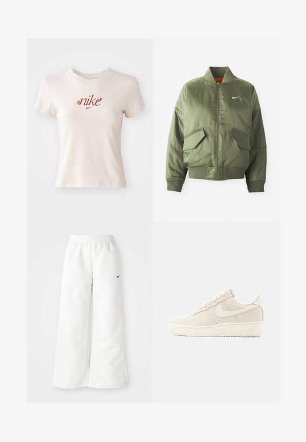 Olivenfarbene Bomberjacke mit geripptem Kragen und Bündchen, Reißverschluss, zwei Fronttaschen und einer seitlichen Reißverschlusstasche. Mit Nike-Logo in Weiß.; Beige T-Shirt mit kurzen Ärmeln aus Baumwolle, ausgestattet mit einem roten "nike"-Logo mit floralen Akzenten und einem Rundhalsauschnitt.; Weiße Sporthose mit weitem Bein, elastischem Bund und kleinem schwarzen Nike-Logo auf der linken Seite. Glattes, leichtes Material.; Beige Nike Air Force 1 Sneaker in niedrigem Schnitt mit Schnürverschluss und Gummisohle, von der Außenseite vor weißem Hintergrund gezeigt.