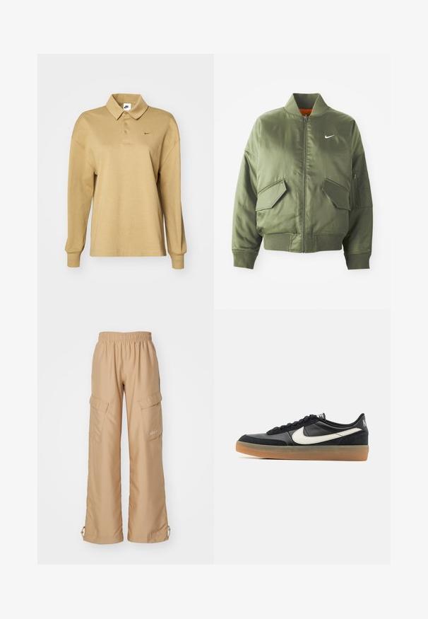 Olivovo zelená bomber bunda s vypčím golierom a manžetami, zipsovým zapínaním, dvoma prednými vreckami a bočným vreckom na zips. Obsahuje logo Nike v bielej farbe.; Béžová polokošeľa s dlhým rukávom vyrobená z bavlny, so golierom, tromi gombíkmi a jemným čiernym logo Nike v tvare swoosh.; Nike Sportswear TREND - Kapsáče - hemp; Čierna atletická obuv s textúrovaným koženým vrchom, bielym logom Swoosh a gumovou podrážkou. Šnurovací dizajn s polstrovaním v oblasti goliera.