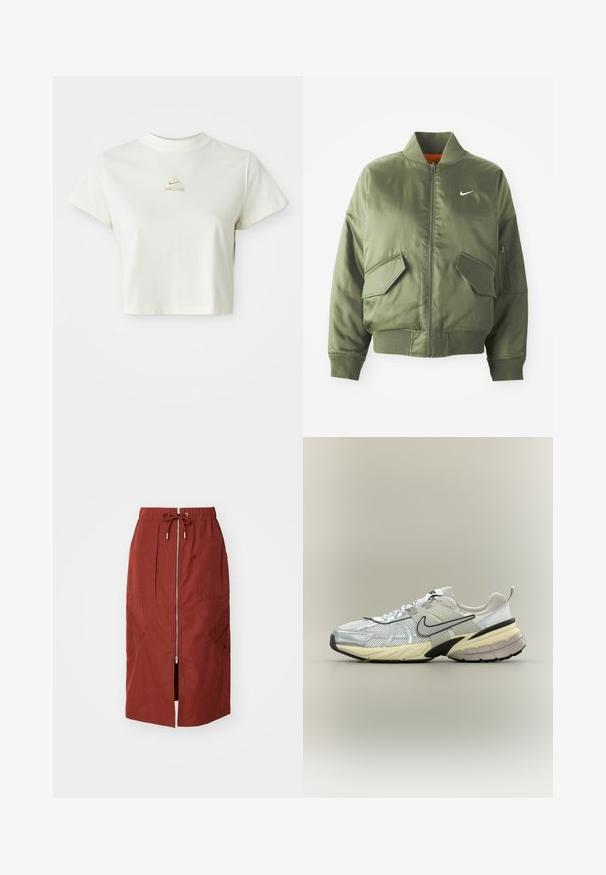 Olijfgroen bomberjack met geribde kraag en manchetten, rits sluiting, twee voorzakken en een zijritszak. Voorzien van het Nike-logo in het wit.; Korte witte cropped t-shirt met een klein beige Nike ACG-logo gecentreerd onder de halslijn; Mid-length rok in terracotta rood, met een rits aan de voorkant, een elastische tailleband met trekkoord en zijzakken met een geometrisch ontwerp.; Witte en grijze Nike sneaker met mesh bovenwerk, zwarte swoosh, beige tussenzool en zwarte buitenzool op een lichte achtergrond.