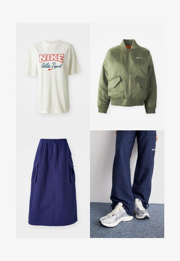 Olivengrøn bomberjakke med ribbet krave og manchetter, lynlås-lukning, to frontlommer og en sidelomme med lynlås. Har Nike-logo i hvid.; Hvid bomulds t-shirt med rød og blå "NIKE" logo med teksten "Just Do It" ovenover og "Athletic Depart." nedenfor, korte ærmer, rund hals.; Marineblå, mellemlang nederdel med elastisk talje, der har to sidelommer og et minimalistisk logodesign. Glat stofstruktur.; Nike sportssko med en sølvfarvet mesh-overdel, hvide detaljer og strukturerede såler, parret med løstsiddende navy bukser.