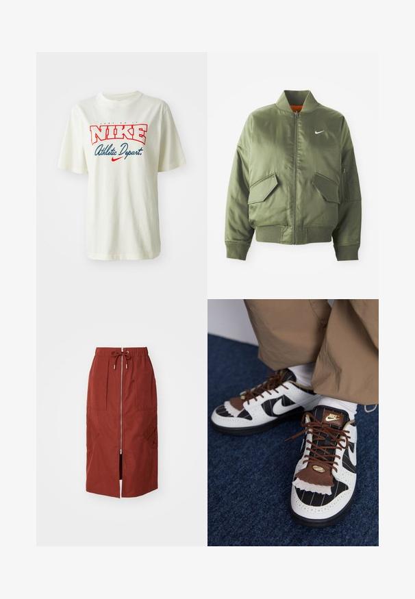 Olivovo zelená bomber bunda s vypčím golierom a manžetami, zipsovým zapínaním, dvoma prednými vreckami a bočným vreckom na zips. Obsahuje logo Nike v bielej farbe.; Biele bavlnené tričko s červeným a modrým logom "NIKE", s textom "Just Do It" nad ním a "Athletic Depart." pod ním, krátke rukávy, okrúhly výstrih.; Sukňa strednej dĺžky v terakotovo červenej farbe, s predným zipsom, elastickým pásom so šnúrkou a bočnými vreckami s geometrickým dizajnom.; Nike tenisky v bielej, čiernej a hnedej farbe. Obsahujú textúrovaný hnedý chlopňu, pruhovaný design a tradičné šnurovanie so zlatými akcentmi.