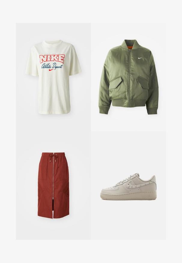 Olivovo zelená bomber bunda s vypčím golierom a manžetami, zipsovým zapínaním, dvoma prednými vreckami a bočným vreckom na zips. Obsahuje logo Nike v bielej farbe.; Biele bavlnené tričko s červeným a modrým logom "NIKE", s textom "Just Do It" nad ním a "Athletic Depart." pod ním, krátke rukávy, okrúhly výstrih.; Sukňa strednej dĺžky v terakotovo červenej farbe, s predným zipsom, elastickým pásom so šnúrkou a bočnými vreckami s geometrickým dizajnom.; Nízke béžové kožené tenisky s cvokmi na logu Nike swoosh, perforovanou špičkou a hrubou gumovou podrážkou s označením "AIR" na boku.