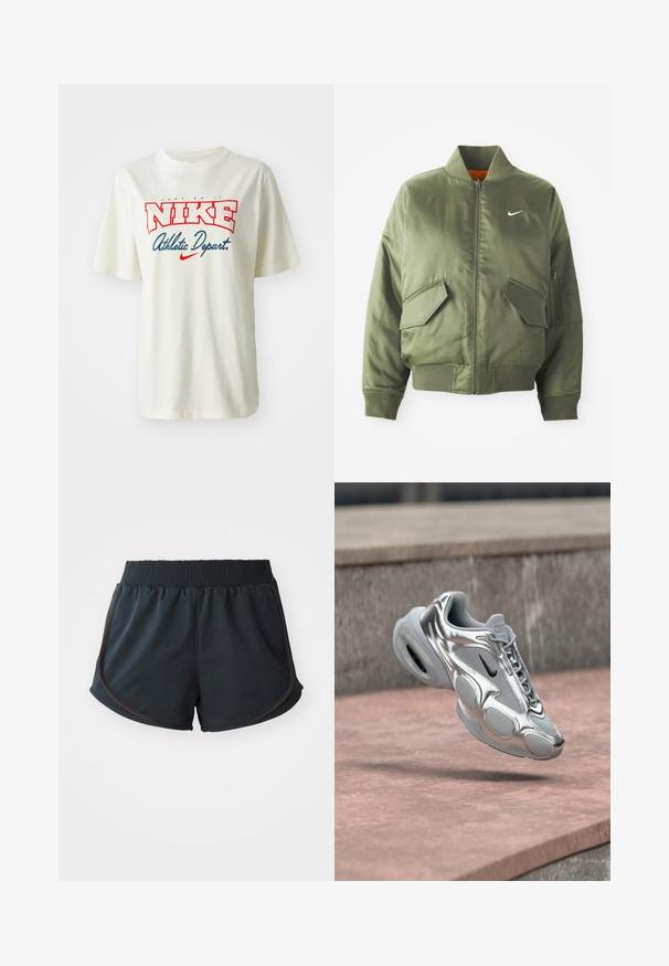 Olivovo zelená bomber bunda s vypčím golierom a manžetami, zipsovým zapínaním, dvoma prednými vreckami a bočným vreckom na zips. Obsahuje logo Nike v bielej farbe.; Biele bavlnené tričko s červeným a modrým logom "NIKE", s textom "Just Do It" nad ním a "Athletic Depart." pod ním, krátke rukávy, okrúhly výstrih.; Čierne športové šortky s rebrovaným pásom, s bočnými švami a hnedými akcentmi, vyrobené z ľahkej, hladkej tkaniny.; Strieborné a sivé tenisky Nike Air s čiernym logom, ktoré kĺžu nad ružovkastým betónovým povrchom a kamenným pásom v pozadí.