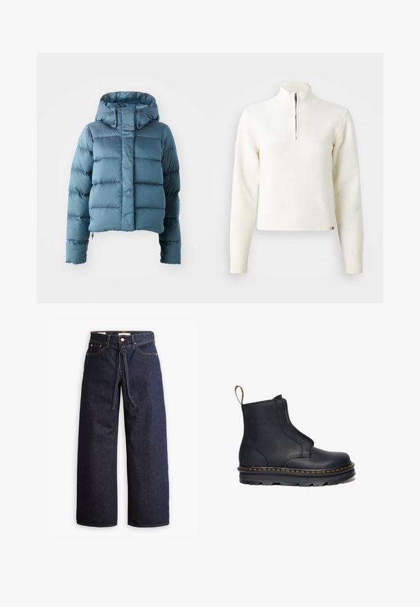 Doudoune bleu clair, avec un design court, une capuche et une texture matelassée avec des sections horizontales espacées uniformément.; Pull-over blanc à col zippé et manches longues. Fabriqué en matériau tricoté doux, avec des poignets et un ourlet côtelés. Logo de la marque subtil à l'ourlet.; Jeans en denim bleu foncé à jambes larges, avec une taille haute, dotés d'un lien à cordon, de cinq poches et de détails de couture contrastants.; Bottine noire en cuir avec des panneaux latéraux élastiques, bout arrondi, couture jaune contrastante et semelle en caoutchouc épaisse.