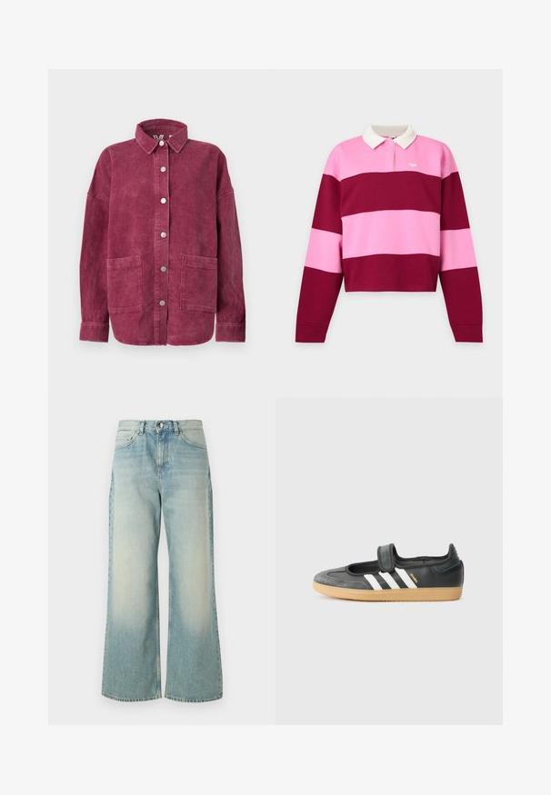 Langærmet jakke i kordfløjl i dyb pink med frontknapper, to store påsyede forlommer foran og en klassisk krave.; Langærmet rugbytrøje med brede horisontale striber i pink og mørkerød, med en hvid krave og lille brystlogo.; Lyseblå vide jeans lavet af denim, med en afdæmpet vask, klassisk fem-lomme design og en frontknaplukning.; Sort læder- og ruskinds sneakers med en Velcro-rem, der har tre hvide striber og en gummisål, mærket "SAMBA" på siden.