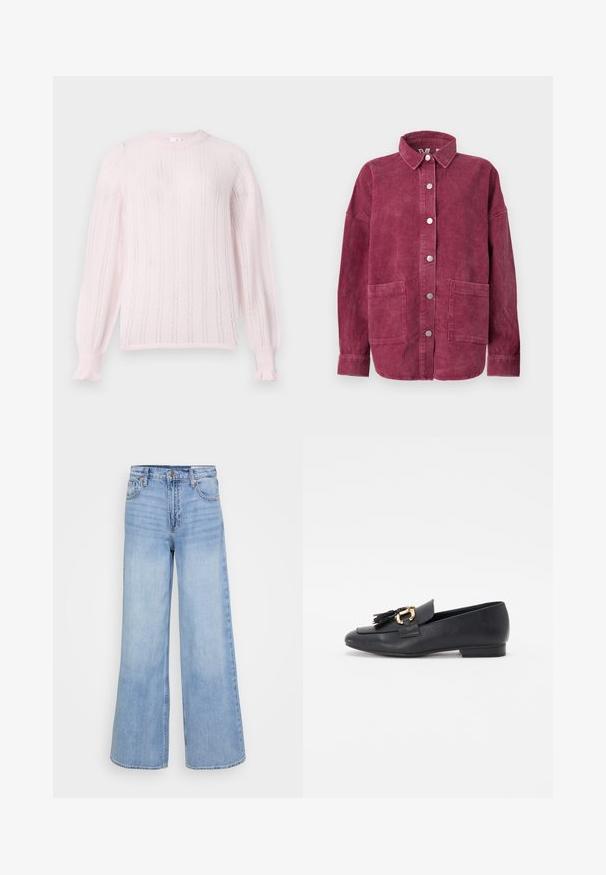 Langærmet jakke i kordfløjl i dyb pink med frontknapper, to store påsyede forlommer foran og en klassisk krave.; Lys pink strikket sweater med rund hals, der har lodrette striber, rib-søm i ærmerne og flæse-detaljer ved ærmeslutterne.; Lyseblå bredbeinkleje i denim, med høj talje, forlommer og knaplukning med kobber hardware detaljer.; Sorte læder loafers med spids tå, der har en guldhardware accent og frynser foran, lav hæl og glat tekstur.
