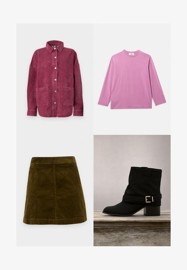 Cazadora camisa de pana de manga larga en rosa fuerte con botones a presión frontales, dos grandes bolsillos delanteros de parche y un cuello clásico.; Camiseta de manga larga con cuello redondo en color lila claro sólido, colocada plana sobre un fondo blanco.; Mini falda de pana marrón con nervios verticales, corte recto y dobladillo limpio. Presenta una cinturilla simple sin adornos.; Botín negro de material liso, con parte superior doblada, amplia correa con hebilla dorada y tacón bajo.
