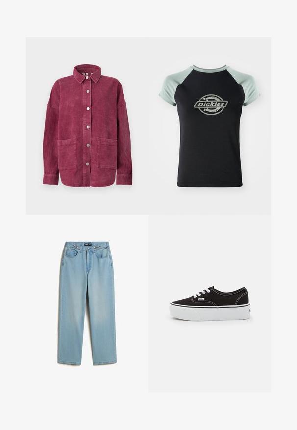 Langarm-Cordhemdjacke in Tiefrosa mit vorderen Druckknöpfen, zwei großen aufgesetzten Taschen vorne und einem klassischen Kragen.; Schwarzes T-Shirt mit hellgrünen Raglanärmeln. Mit einem zentralen runden Logo, das den Text "Dickies" im Seil-Design zeigt. Weicher Stoff.; Vans CINCHED CHECK - Baggy Jeans - light stonewash; Schwarze Leinensneaker mit einer weißen Gummiplattformsohle, weißen Schnürsenkeln und Nähten, ikonischer Markenaufdruck an der Seite, im Low-Top-Design.