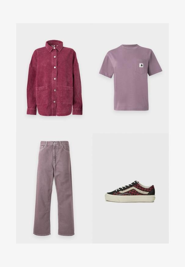 Langærmet jakke i kordfløjl i dyb pink med frontknapper, to store påsyede forlommer foran og en klassisk krave.; Lilla bomulds T-shirt med rund hals, korte ærmer og en lomme på venstre bryst med et logo mærke. Glat tekstur, afslappet pasform.; Bredde ben bukser i en dæmpet lavendel nuancering, lavet af denim. Har fem lommer, knaplukning og subtile stikninger som detaljer.; Vans OLD SKOOL 36 UNISEX - Sneakers - bordeaux