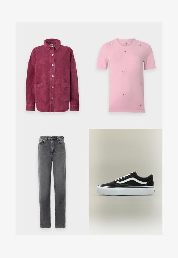 Langærmet jakke i kordfløjl i dyb pink med frontknapper, to store påsyede forlommer foran og en klassisk krave.; Lyserød t-shirt med korte ærmer og små, spredte broderede blomster i forskellige farver, rund halsudskæring, ensfarvet baggrund.; Højtaljede grå denim jeans med lige ben, med knap og lynlås foran samt lommer foran og bagpå.; Lavtop sort sneaker med hvid side stribe, hvide snørebånd, hvid gummisål og tekstureret tåhætte på neutral baggrund.