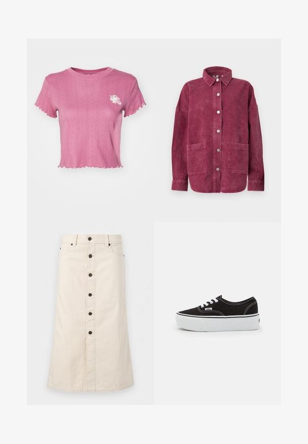 Cazadora camisa de pana de manga larga en rosa fuerte con botones a presión frontales, dos grandes bolsillos delanteros de parche y un cuello clásico.; Camiseta cropped rosa con textura acanalada y bordes festoneados. Presenta un bordado floral blanco en el lado izquierdo del pecho. Tejido ligero.; Falda vaquera beige hasta la rodilla con botones negros en la parte frontal, trabillas para cinturón y bolsillos laterales sobre un fondo blanco liso.; Zapatilla de lona negra con suela de plataforma de goma blanca, que presenta cordones y costuras blancas, con branding icónico en el lateral, diseño de corte bajo.