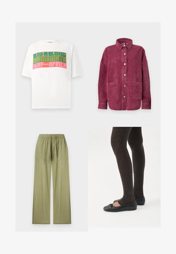 Langærmet jakke i kordfløjl i dyb pink med frontknapper, to store påsyede forlommer foran og en klassisk krave.; Hvid t-shirt med korte ærmer og retro blokbogstaver, der står "BILLABONG MAMIWATA SURF AFRICA" i orange, grøn og pink.; Lys olivengrønne linnedbukser med vide ben, elastisk linning og afslappet pasform vist på ensfarvet baggrund.; Ben iført mørke ribbede leggings kombineret med sorte balletsko med små sløjfedetaljer på hvid baggrund.