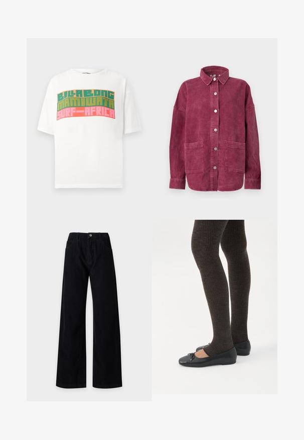 Pitkähihainen vintage-puuvillatakkipaita syvässä pinkissä, jossa edessä nepparit, kaksi suurta etutaskua ja klassinen kaulus.; Valkoinen lyhythihainen t-paita, jossa on retro-tyylinen tekstipainatus "BILLABONG MAMIWATA SURF AFRICA" oranssina, vihreänä ja vaaleanpunaisena.; Musta leveälahkeinen vekkihousut, joissa on etutaskut ja napitettava vyötärön suljin, esillä yksivärisellä vaalealla taustalla.; Jalat, joissa tummat ribbineuleiset leggingsit yhdistettynä mustiin balettitossuihin, joissa on pienet rusettikoristeet valkoisella taustalla.