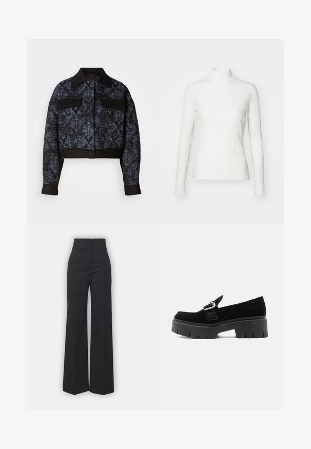 Veste courte texturée noire et bleu foncé avec manches longues, col large et deux poches poitrine à rabat sur fond blanc.; Haut col roulé blanc à côtes avec des manches longues, fabriqué en tissu extensible. Présente un design ajusté et un encolure haute pour plus de couverture.; Pantalons à jambes larges en tissu noir avec une taille haute, présentant une finition soignée et une texture lisse. Pas de matériel ou de motifs visibles.; Mocassin en daim noir avec semelle à crampons épaisse, détail boucle argentée et inscription "HUGO" en relief sur la lanière latérale, vu de côté extérieur.