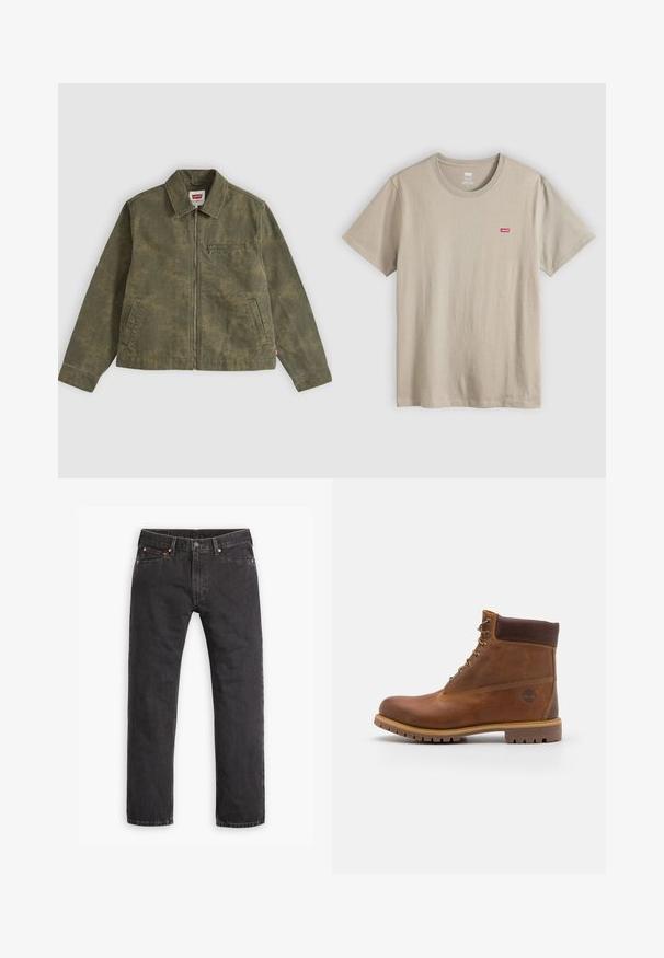 Oliijfgroene jas met rits, subtiel camouflagepatroon, opvouwbare kraag, twee zijzakken en één borstzak met rits.; Beige katoenen T-shirt met korte mouwen, ronde hals en klein rood Levi's-logo op de linkerborst. Glad textuur, casual ontwerp.; Zwarte denim jeans met rechte pijpen, vijf zakken, knoopsluiting en koperen klinknagels, plat gelegd op een witte achtergrond.; Bruine leren wandelschoen met een gladde afwerking, gevoerde enkel, metalen oogjes en een rubberen zool met een robuust profiel.