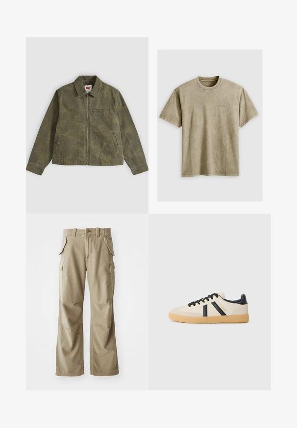 Oliven grøn lynlåstrøje med diskret camouflage mønster, nedfoldet krave, to sidelommer og en lynlåslomme på brystet.; Lysbrun, kortærmet t-shirt med rund hals, lavet af blødt stof. Har et lille, broderet logo på brystet.; Beige cargo bukser lavet af slidstærkt stof, med en afslappet pasform, flere sidelommer og forstærkede knæ. Flad frontdesign.; Casual sneakers i creme med sorte striber, med en tekstureret overdel og sål i gummigummi. Snørebåndene er sorte. Diskret logo på siden.
