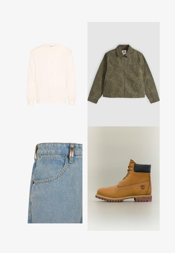 Chaqueta verde oliva con cremallera y sutil patrón de camuflaje, cuello abatible, dos bolsillos laterales y un bolsillo en el pecho con cremallera.; Camisa de manga larga en algodón blanco roto con cuello redondo y puños elásticos, que presenta un diseño minimalista y una textura suave.; Vaqueros de denim azul claro con una cintura alta, bolsillo frontal, costuras amarillas y una etiqueta de metal en la cinturilla.; Bota de tobillo de cuero marrón con cuello negro, cordones amarillos y suela beige. Presenta un logotipo y detalles de costura blanca. Suela exterior con tracción robusta.