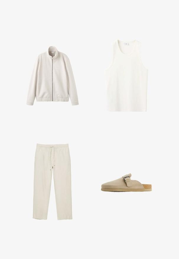 Lysebeige jakke med lynlås, høj krave, ribstrikkede manchetter og kant. Blødt stof med en glat tekstur og uden synlige mønstre eller detaljer.; Hvid ribbet ærmeløs tanktop med rund halsudskæring og lige kant, vist på ensfarvet baggrund.; Beige afslappede bukser med elastisk talje og snor foran, lavet af letvægtsstof, vist på hvid baggrund.; Beige ruskindssko med en buet form, justerbar metalspænde og struktureret korksål. Ydersålen har en sål med takker for bedre greb.