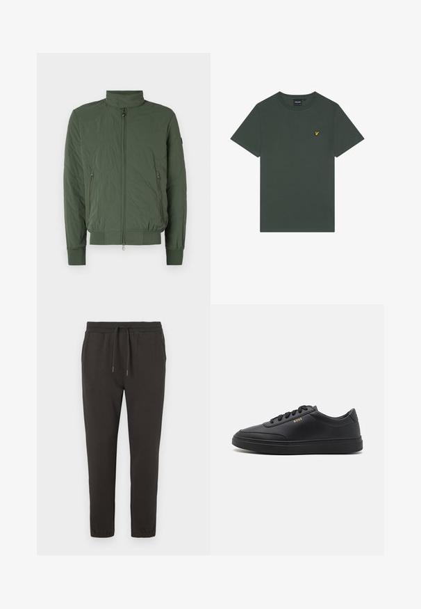 Grüne gesteppte Bomberjacke mit hohem Kragen, Reißverschluss vorne, zwei seitlichen Taschen und gerippten Bündchen sowie Saum. Weiches, leichtes Material.; Dunkelgrünes Baumwoll-T-Shirt mit rundem Ausschnitt und kurzen Ärmeln. Auf der linken Brust befindet sich ein kleines gelbes, besticktes Logo.; Dunkelgraue Sweatpants aus weichem Stoff, mit einem elastischen Bund und einer Kordel, schmal zulaufenden Beinen und elastischen Bündchen an den Knöcheln.; Schwarze Leder-Sneaker mit glatter Textur, runder Zehenpartie, flacher Gummisohle und einfarbigen Schnürsenkeln. Mit goldfarbenem "BOSS" Logo an der Seite.