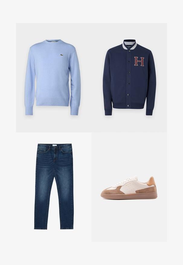 Chamarra varsity de color azul marino con cuello gris, botones de presión, logotipo bordado en rojo con la letra 'H' y bolsillos laterales; hecha de una tela suave y texturizada.; Suéter de punto azul claro con dobladillo y puños acanalados, que presenta un pequeño logo de cocodrilo verde en el pecho. Diseño clásico de cuello redondo.; Vaqueros ajustados de color azul oscuro con detalles desgastados, diseño clásico de cinco bolsillos, cierre de botón y presillas para cinturón.; Zapatilla baja blanca y beige con detalles de ante, laterales perforados, cordones blancos y suela de goma texturizada, mostrada de lado sobre un fondo blanco.