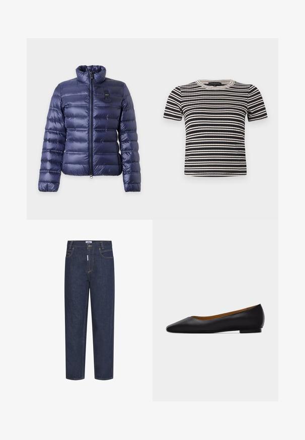 Chaqueta acolchada azul marino con cremallera frontal, cuello alto, mangas largas y una pequeña etiqueta negra en el pecho.; Top de punto acanalado de manga corta con rayas horizontales en blanco y negro, escote redondo y ajustado.; Jeans de mezclilla azul oscuro con corte recto, con costuras naranjas, bolsillos frontales y cierre de botón. Tejido duradero con una textura suave.; Zapato plano de punta puntiaguda de cuero negro con tacón bajo y acabado liso, mostrado de perfil sobre un fondo gris claro.