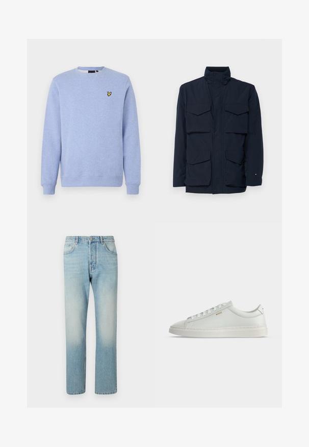 Mørkeblå jakke med høj krave, trykknaplukning og fire forlommer. Lavet af et glat, vejrbestandigt stof.; Lyseblå crewneck sweatshirt med ribkanten manchetter og kant, med en lille gul fuglelogo på venstre bryst.; Lyseblå jeans lavet af denim, med et lige ben-design, fem lomme-struktur og falmet vaskeffekt ved lårene.; Hvid lavtop lædersneakers med snørebånd, flad sål og lille gyldent "BOSS" logo på siden, set fra ydersiden.