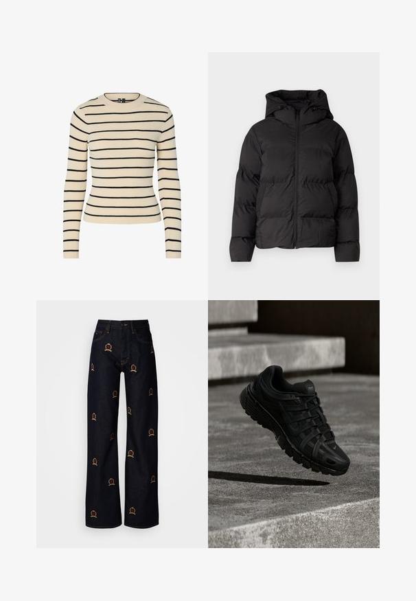 Veste rembourrée noire avec capuche, dotée d'une fermeture éclair à l'avant et de deux poches latérales. Matériau lisse et brillant avec des détails matelassés.; Pull crème côtelé avec des rayures horizontales noires, col rond et manches longues. Présente un design ajusté et une texture sans couture.; Jean en denim foncé à jambes larges ornés de motifs de couronnes brodées multicolores. Design classique à cinq poches avec des détails de surpiqûres contrastantes.; Chaussure de sport noire avec une tige en mesh, une semelle en caoutchouc et un design de laçage complexe ; présente une légère courbure et le logo Nike.