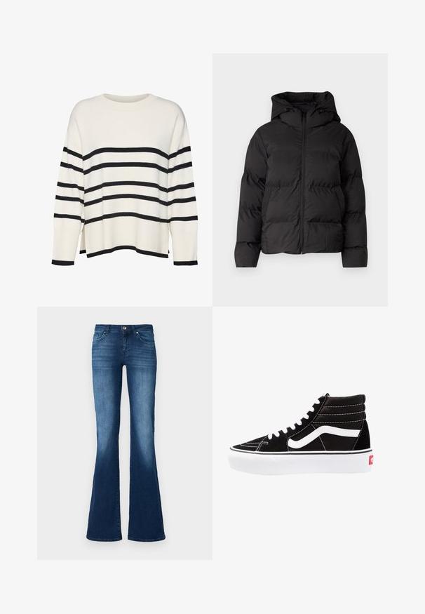 Sort polstret jakke med hætte, der har en frontlynlås og to sidelommer. Glat, blankt materiale med quiltede detaljer.; Hvid strikket sweater med sorte vandrette striber, ribbede manchetter og kant, afslappet pasform, rund halsudskæring og sideskår på taljen.; ONLY Tall Flared fit ONLTIGER Low waist Wide Leg - Flared jeans - dark blue denim; Sorte høj-top sneakers med hvide snørebånd, et hvidt logo og kontrasterende hvid syning. Har en tyk hvid sål og struktureret ruskindsoverdel.