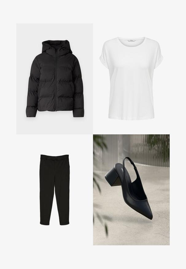 Chaqueta acolchada negra con capucha, que cuenta con un cierre frontal y dos bolsillos laterales. Material liso y brillante con detalles de acolchado.; Camiseta blanca de manga corta hecha de algodón suave. Presenta un cuello redondo y puños enrollados. Diseño simple sin patrones ni acentos.; Pantalones negros de tela tejida, con un diseño de corte recto, parte delantera plana y puños en los tobillos para un aspecto estilizado.; Zapato de tacón slingback de cuero negro con punta afilada y tacón cuadrado. Textura suave, diseño minimalista y correa ajustable en el tobillo.