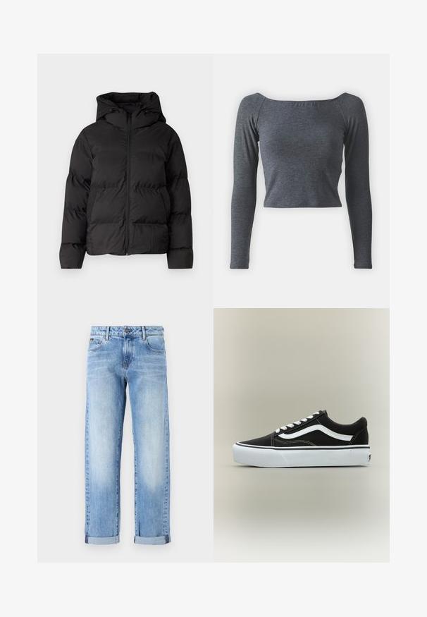 Sort polstret jakke med hætte, der har en frontlynlås og to sidelommer. Glat, blankt materiale med quiltede detaljer.; Grå, langærmet, cropped top lavet af blødt stof med firkantet halsudskæring og tætsiddende design. Ingen synlige mønstre eller udsmykninger.; Lyseblå denimjeans med opsmøgede ben, frontknap og lynlås, samt klassisk femlommesdesign på en hvid baggrund.; Lavtop sort sneaker med hvid side stribe, hvide snørebånd, hvid gummisål og tekstureret tåhætte på neutral baggrund.