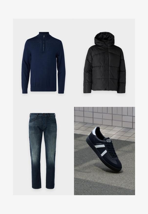 Zwarte gewatteerde jas met een capuchon, voorzien van een gestikte uitstraling, rits aan de voorkant en zijzakken. Zacht, gladde textuur overal.; Marineblauwe, langarm pullover met een kwart-rits kraag. Zachte textuur, aansluitend ontwerp, minimale naaddetailing en geen zichtbare logo's.; Donkerblauwe rechte jeans van denim met lichte vervaging op de dijen en knieën, met knoop- en ritssluiting aan de voorkant en vijf-pocketstijl.; Zwarte leren sneaker met witte strepen, een gestructureerde rubberen zool en vetersluiting aan de voorkant. Voorzien van een merklabel op de tong.