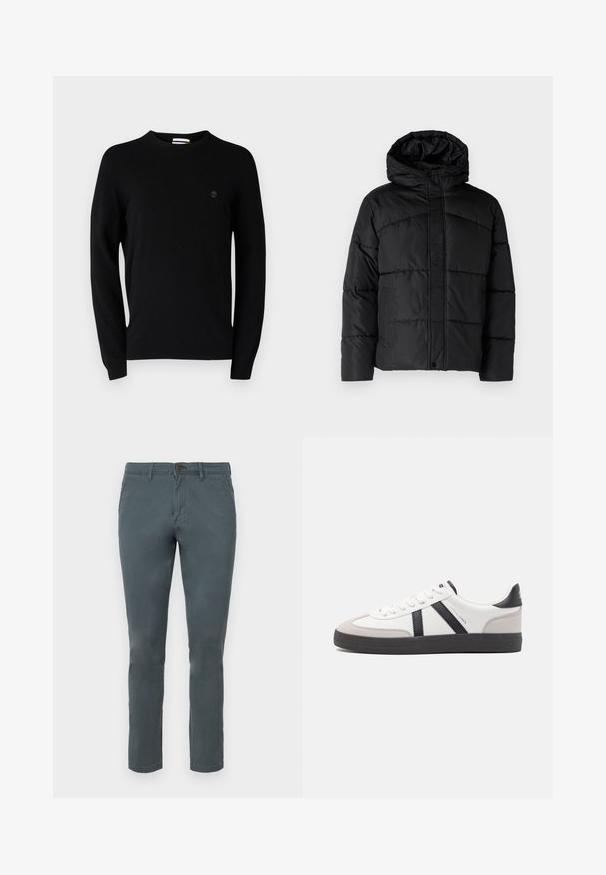 Chaqueta acolchada negra con capucha, que presenta un diseño con acolchados, cierre frontal con cremallera y bolsillos laterales. Textura suave y lisa en toda su superficie.; Suéter negro de cuello redondo hecho de un tejido suave, con mangas largas y un sutil logo en el pecho. Diseño simple, sin patrones ni acentos.; Pantalones de algodón gris con un corte Slim, cierre de botón y dos bolsillos frontales. Textura suave y diseño de pierna recta.; Zapatilla blanca con acentos en negro y gris, que presenta una puntera texturizada en gris, suela de goma negra y cordones planos blancos. Diseño limpio, estilo minimalista.