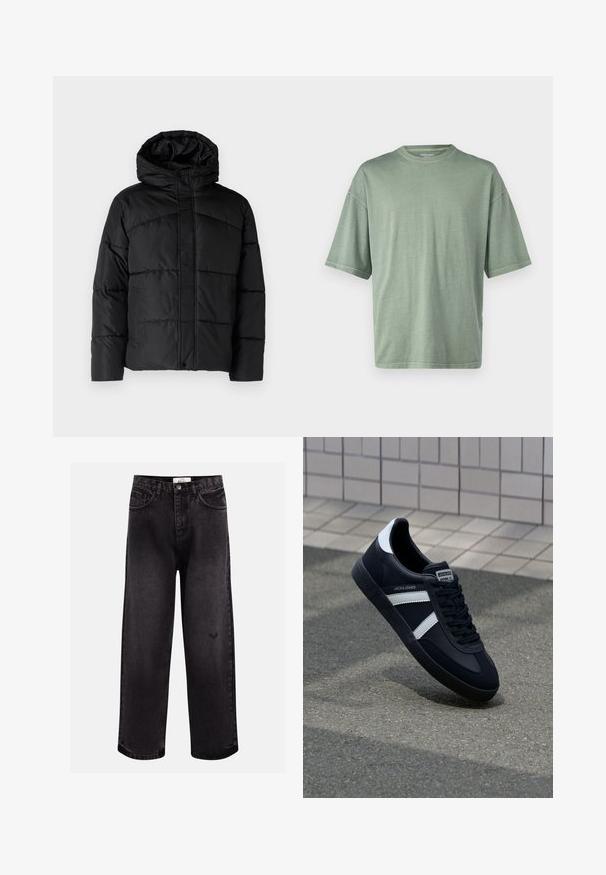Zwarte gewatteerde jas met een capuchon, voorzien van een gestikte uitstraling, rits aan de voorkant en zijzakken. Zacht, gladde textuur overal.; Lichtgroene t-shirt met korte mouwen, een ronde halslijn en een ontspannen pasvorm; gemaakt van zacht materiaal met een gladde textuur.; Zwarte denim jeans met een wijde pijp, voorzien van vijf zakken, een gestikt tailleband en een subtiele logo-detail bij de knie.; Zwarte leren sneaker met witte strepen, een gestructureerde rubberen zool en vetersluiting aan de voorkant. Voorzien van een merklabel op de tong.